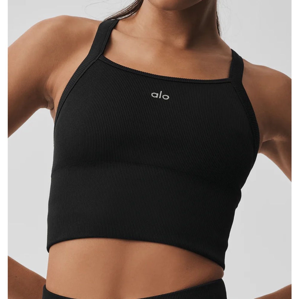 ALO Yoga Black Ribbed Square-Neck Sports Bra